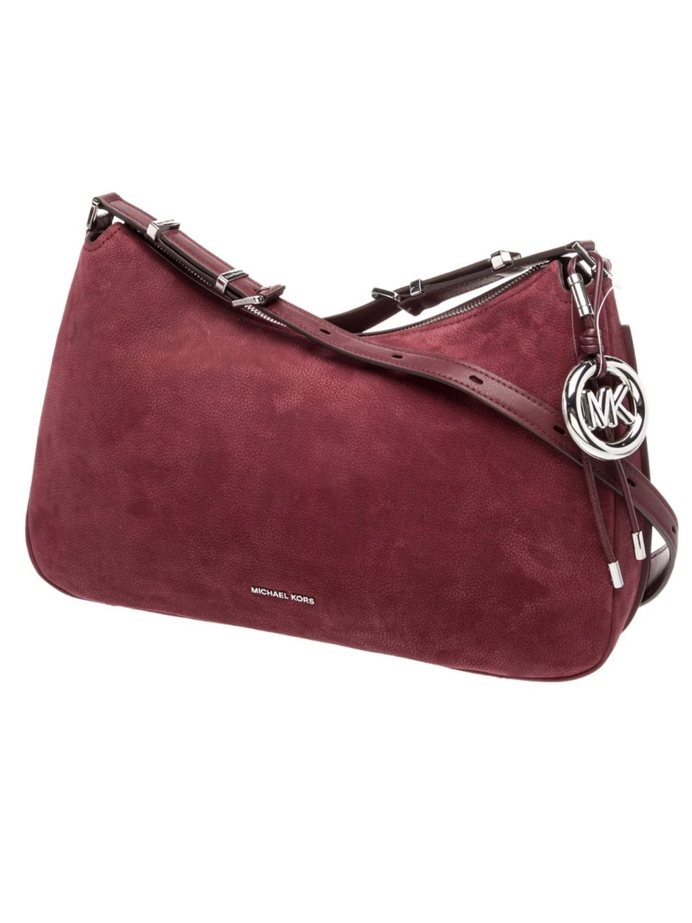Michael Kors Suede Shoulder Bag in Wine Burgundy with Silver-Tone MK Charm